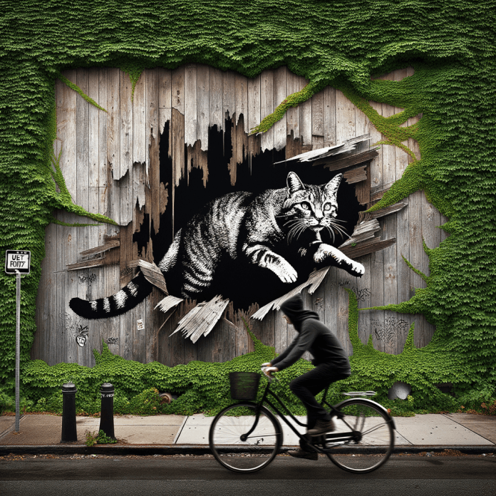 "Create a detailed image of an urban street scene featuring a large billboard partially covered in green ivy. The billboard should display a stencil art piece by Banksy, depicting the silhouette of a black panther clawing through the wooden surface, as if tearing it apart. The scene should capture a passerby on a bicycle, slightly blurred to indicate motion, moving in front of the billboard. The overall atmosphere should reflect the juxtaposition between nature and urban decay, with the art blending seamlessly into the environment."